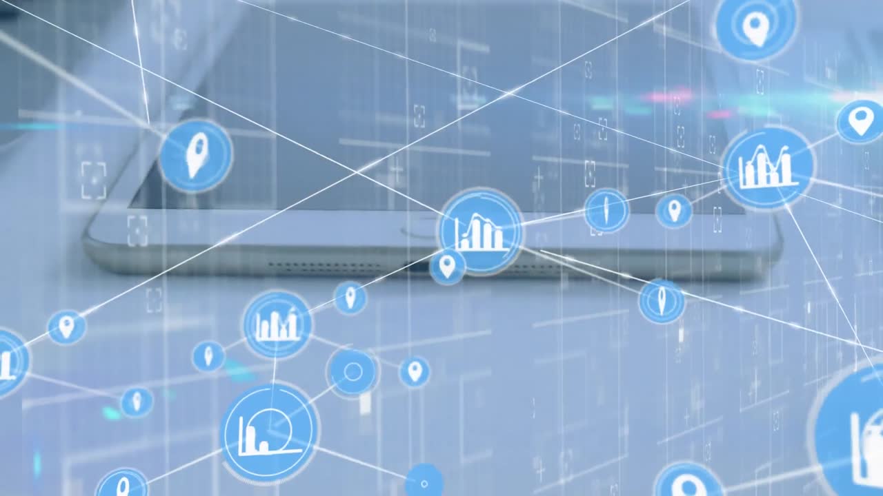 디지털 아이콘의 네트워크와 사무실 테이블에 있는 전자 장치에 대한 빛의 점