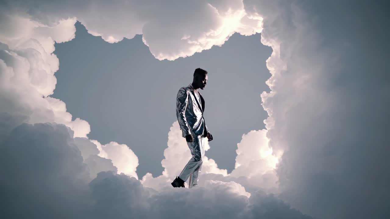 Man in Silver Suit Walking on Clouds