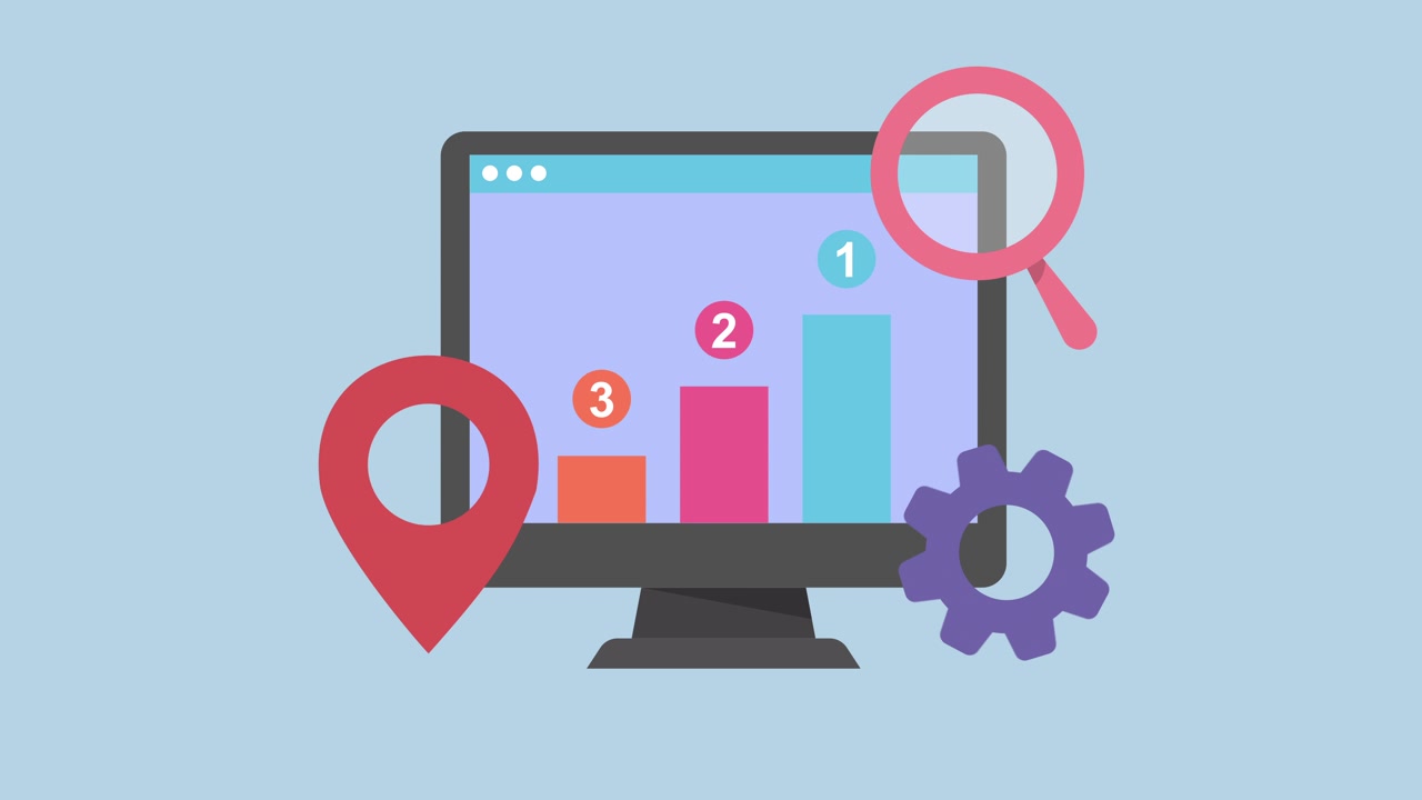 Animated Computer Monitor Displaying Business Analytics and Icons