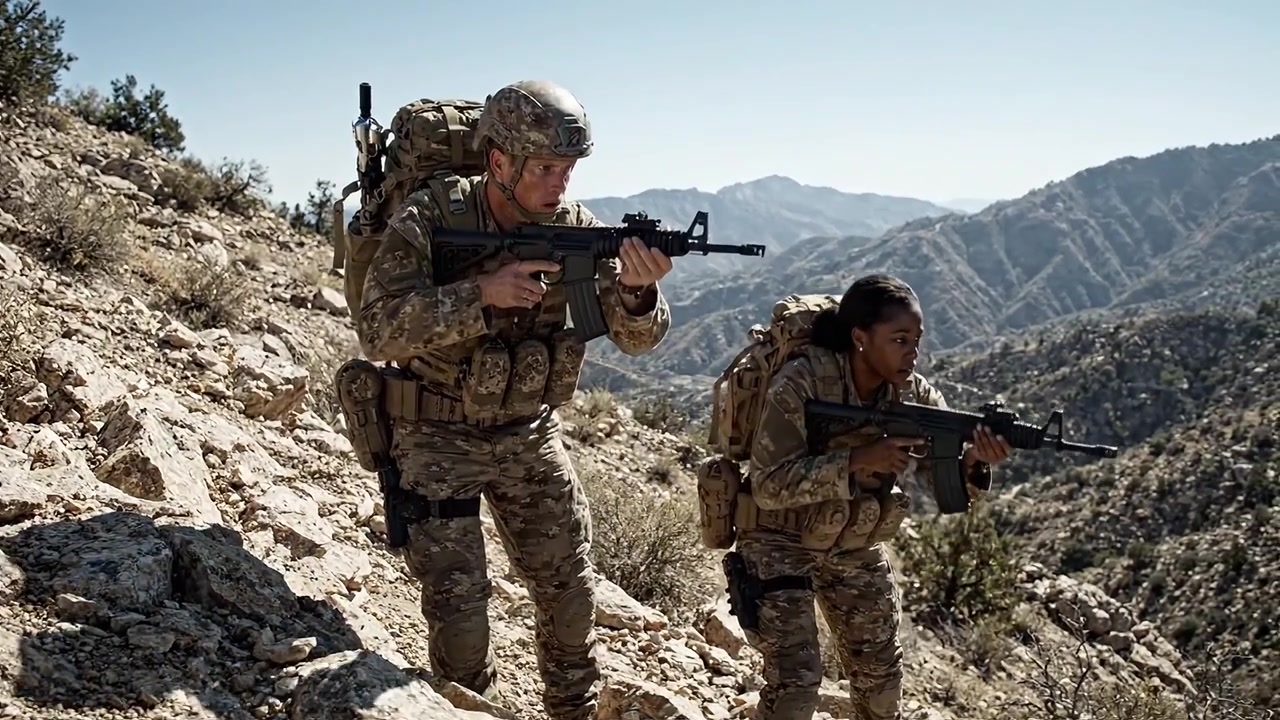 Dos soldados navegan por un terreno montañoso accidentado, mostrando trabajo en equipo y resiliencia mientras avanzan a través de condiciones desafiantes en un entorno de entrenamiento militar.