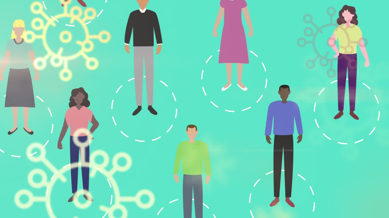 animación de células macro covid-19 que se propagan sobre personas con una máscara distanciamiento social
