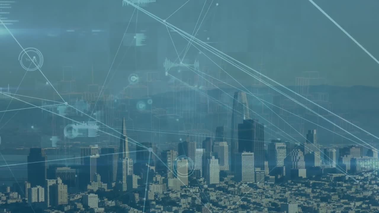 도시 풍경의 공중 전망에 대한 연결 네트워크와 데이터 처리의 애니메이션