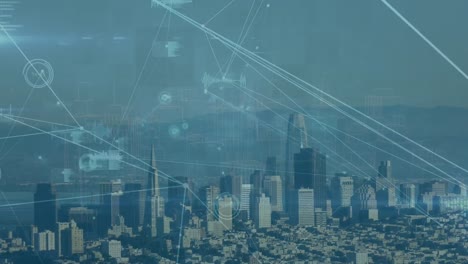 animation of network of connections and data processing against aerial view of cityscape