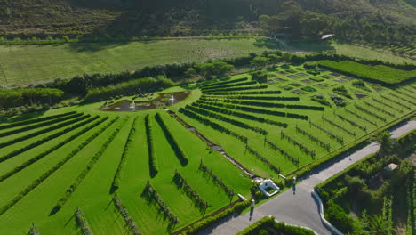 Slide-and-pan-aerial-footage-of-beautiful-decorative-garden-with-plants-in-symmetrical-geometric-shapes-and-water-fountains.-South-Africa