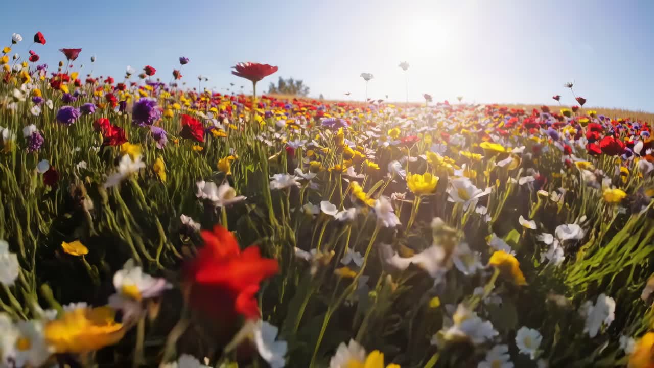 Campo di fiori selvatici vivaci sotto un cielo azzurro e limpido, fotografato dal basso.