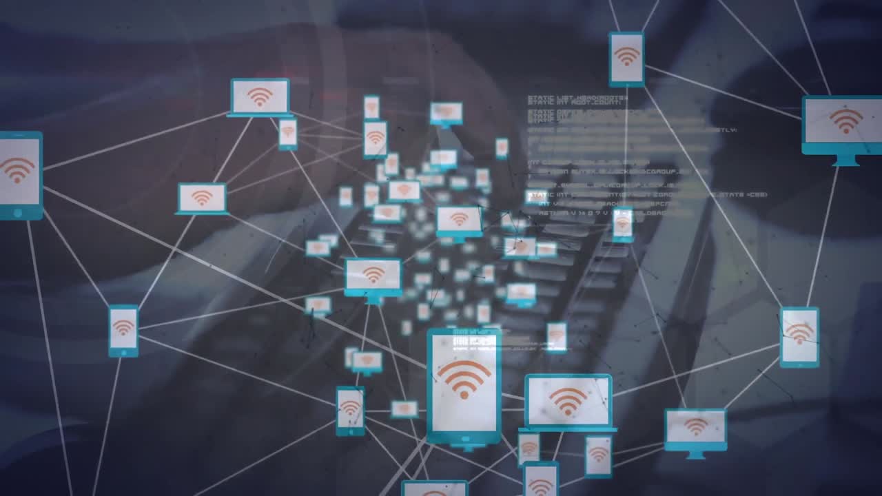 animación de redes de conexiones con iconos sobre las manos escribiendo en el teclado