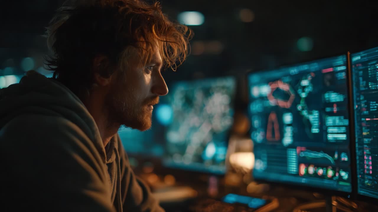 Focused on the Digital Frontier: A Programmer Immersed in Complex Data Analysis and Cybersecurity Challenges in a High-Tech Environment