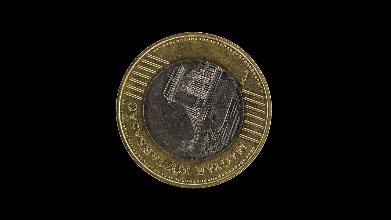 Hungary 200 forint 2009 obverse with Széchenyi Chain Bridge design, macro loop on black background