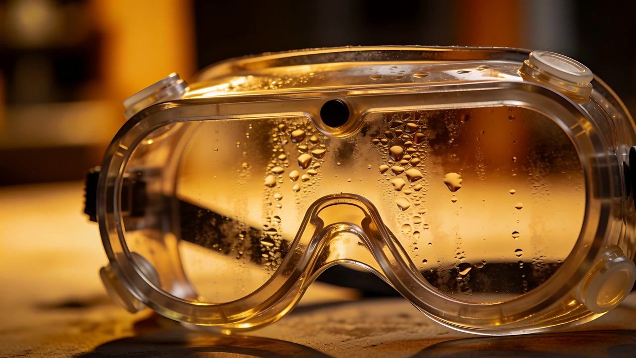 Shifting camera revealing safety goggles on tabletop showing vent port and strap with droplets