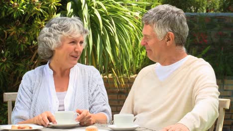 pareja madura tomando café en el jardín