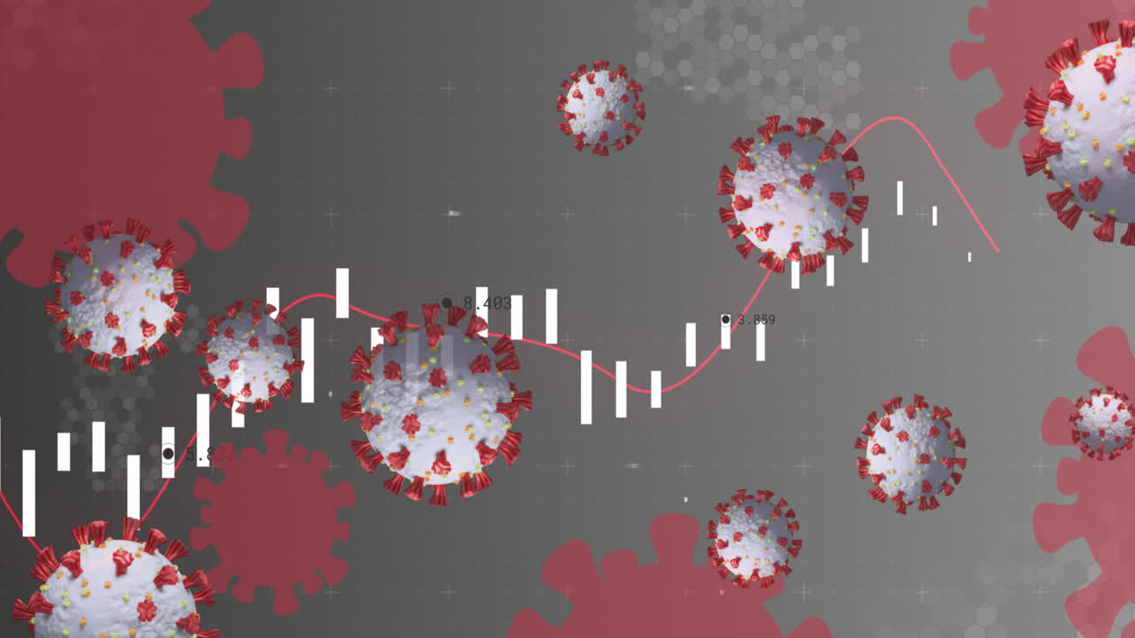 animación de células de virus que flotan sobre el procesamiento de datos