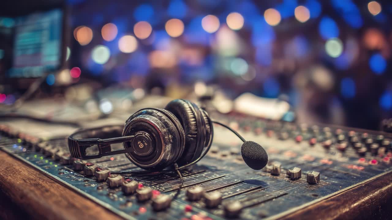 A Close-Up View of Professional Audio Equipment Featuring Headphones Resting on a Mixing Console Surrounded by Blurry Ambient Lights