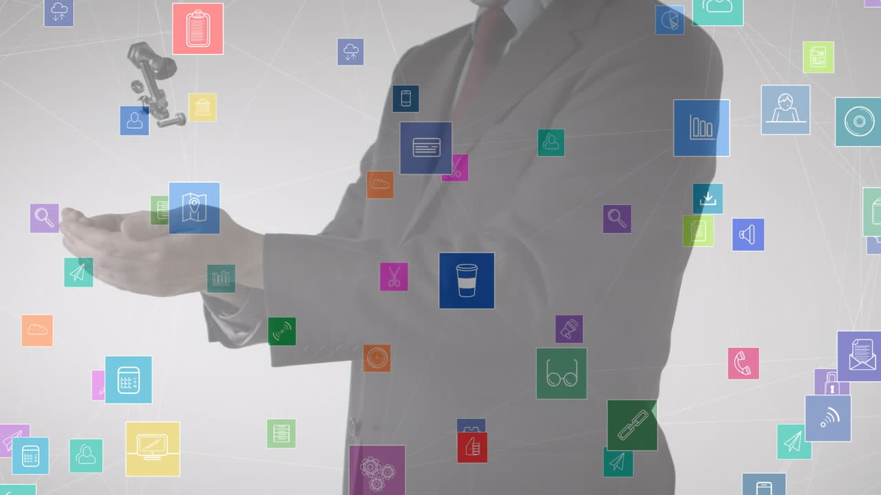 animación de iconos coloridos flotando sobre un hombre de negocios lanzando y atrapando tuercas y pernos