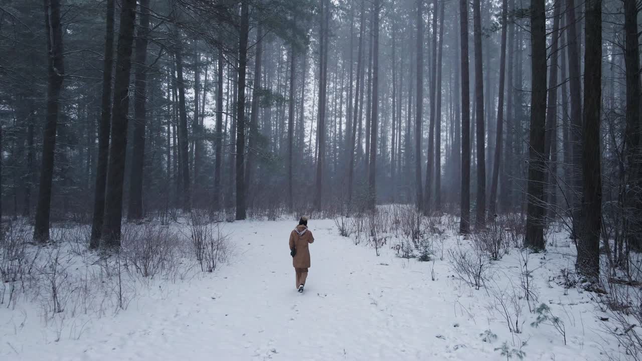 mujeres jóvenes caminando hacia un bosque de pinos durante una tormenta de nieve en las zonas rurales de canadá