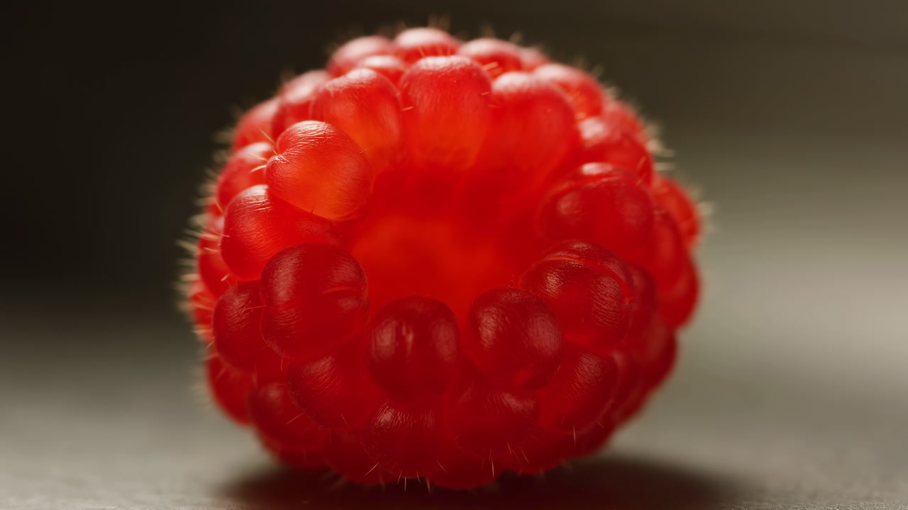 Closeup Red Raspberry On Dark Surface, Softfocused Background With Shallow Depth Of Field, Vivid Translucent