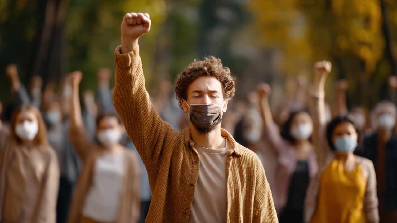 United Voices: A Determined Individual Raises a Fist Amongst a Group of Protestors, Highlighting Solidarity and Resolve During a Critical Moment of Advocacy