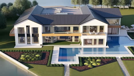 luxurious modern waterfront home with expansive pool and gardens