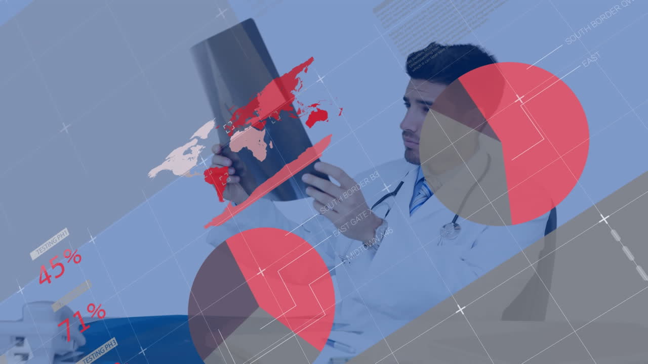 스레이 스캔을 가진 백인 남성 의사에 대한 금융 데이터 처리의 애니메이션