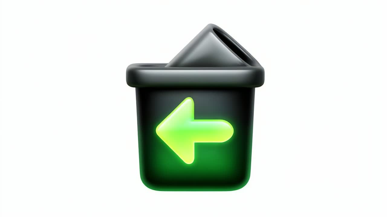 A vibrant green trash can icon depicting a leftward arrow, signifying recycling or waste disposal, emphasizing eco-friendliness and digital recycling in a modern design