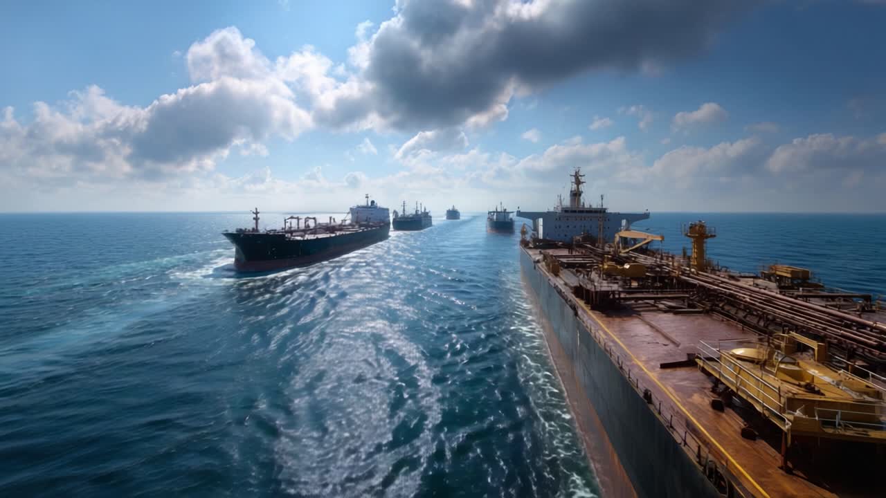 Grandi petroliere navigano in fila attraverso le acque aperte dell'oceano. La luce del sole scintilla sulle onde blu intenso sotto cieli nuvolosi. Le navi creano dolci scie mentre avanzano costantemente. Ideale per energia, trasporti marittimi.