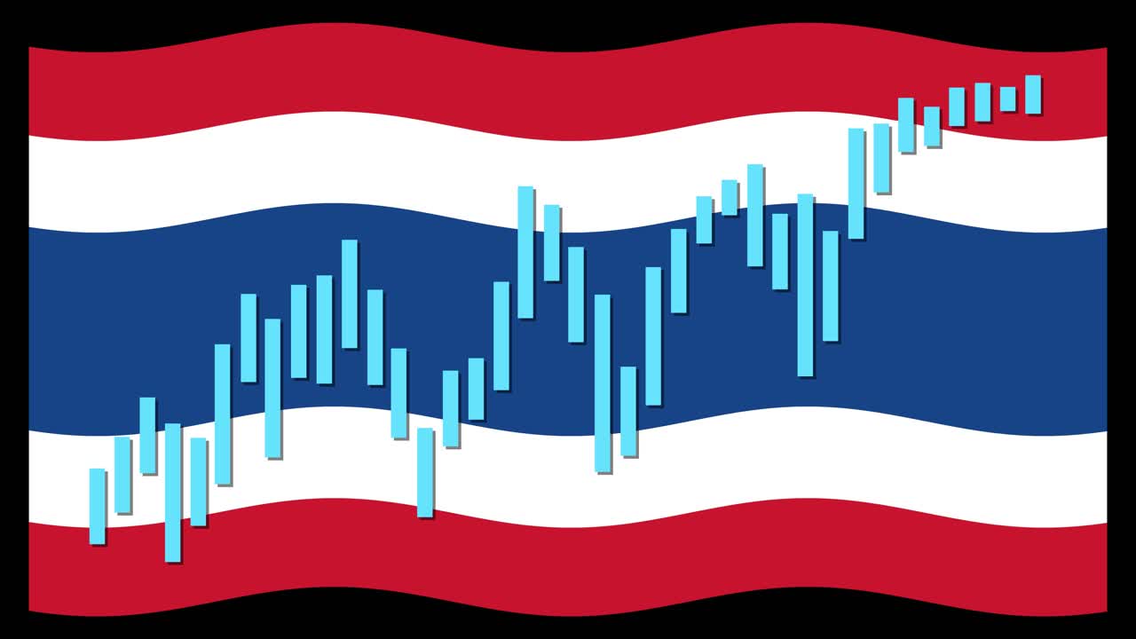 Animated candlestick chart grows upward over waving Thailand flag, black background, flat vector style