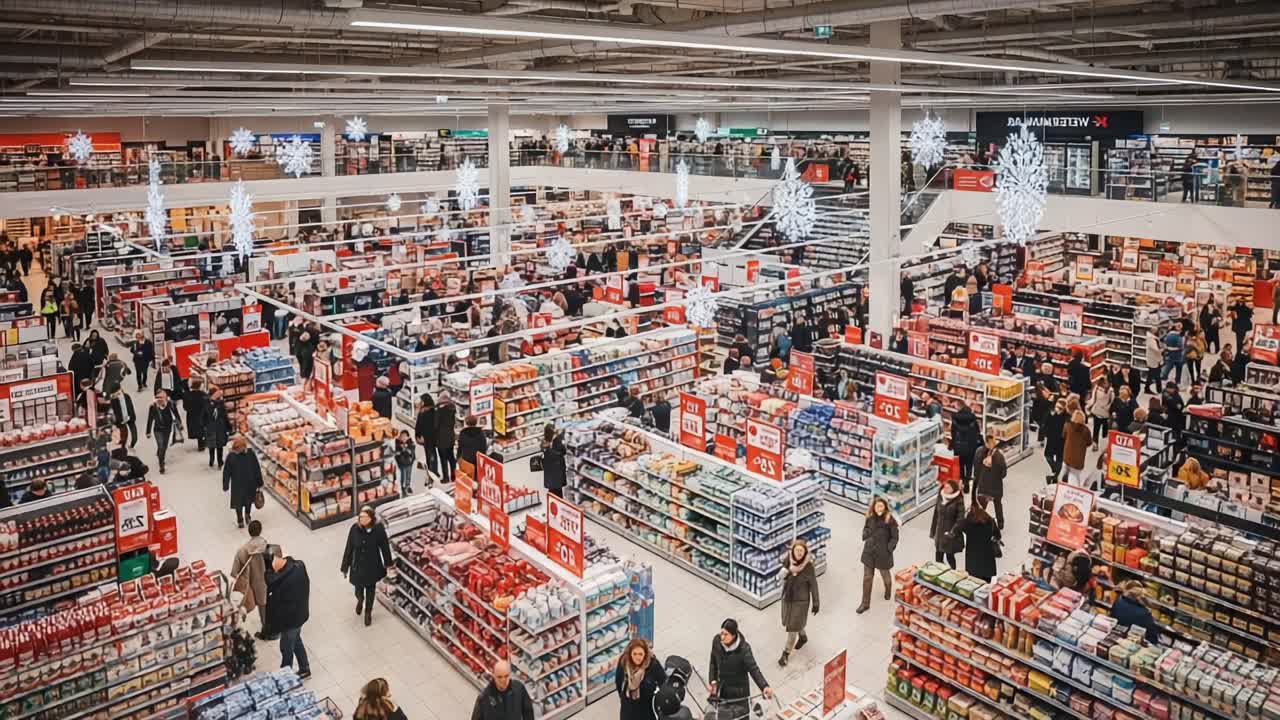 A Bustling Retail Environment Captured in Two Frames, Showcasing Shoppers Navigating Through Expansive Aisles of Diverse Products in a Modern Supermarket Setting