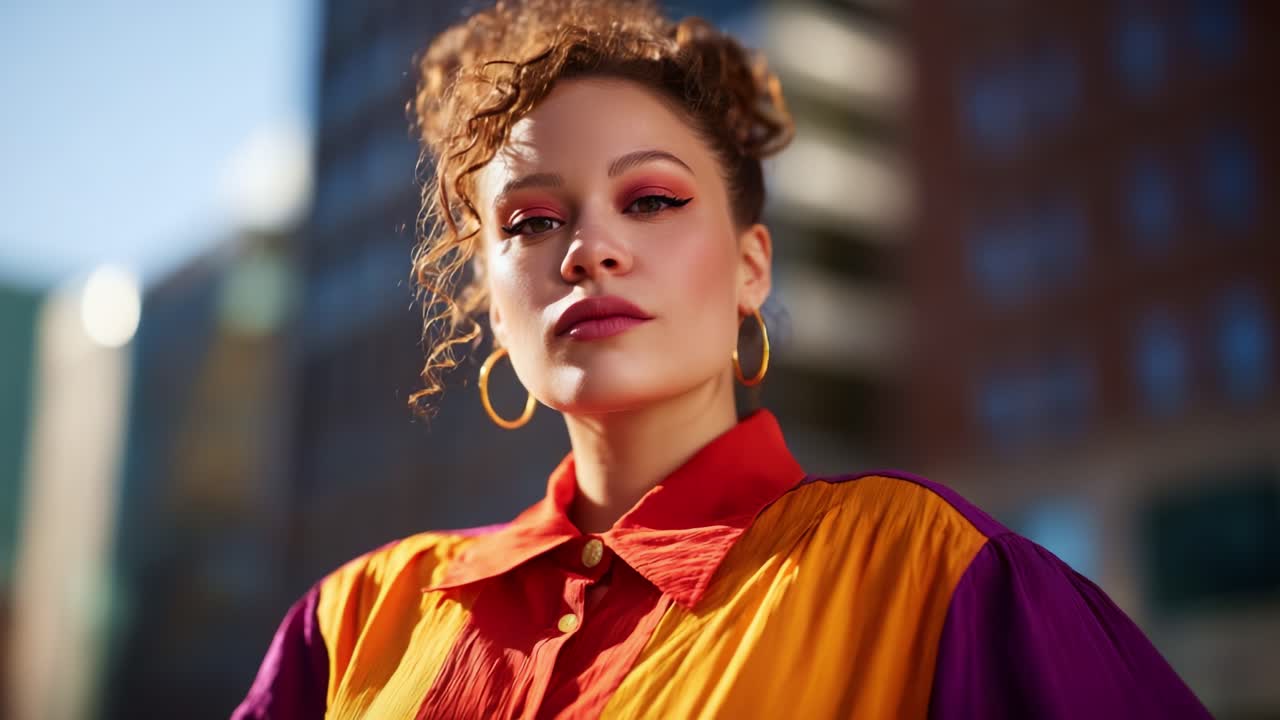 A Confident Portrait of a Stylish Young Woman with Bold Makeup and Vibrant Fashion in an Urban Setting, Capturing the Essence of Modern Beauty