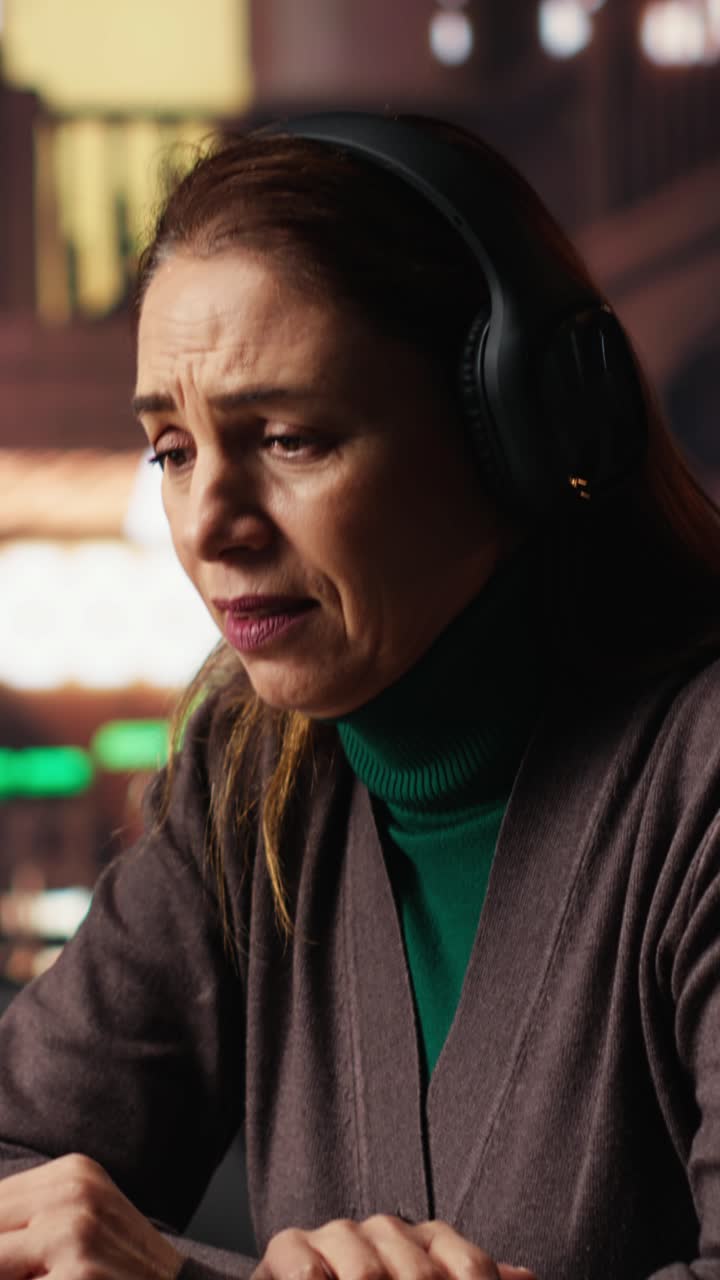 Vertical Video Female student participates in online class via laptop in a campus library