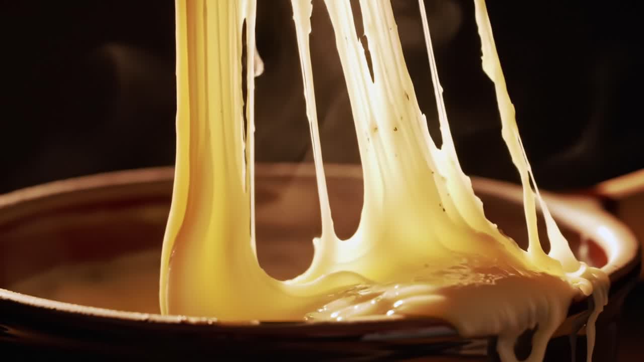 Melted Cheese Stretching Elegantly from a Pot, Capturing the Essence of Warm Comfort Food - A Visual Delight for Cheese Lovers