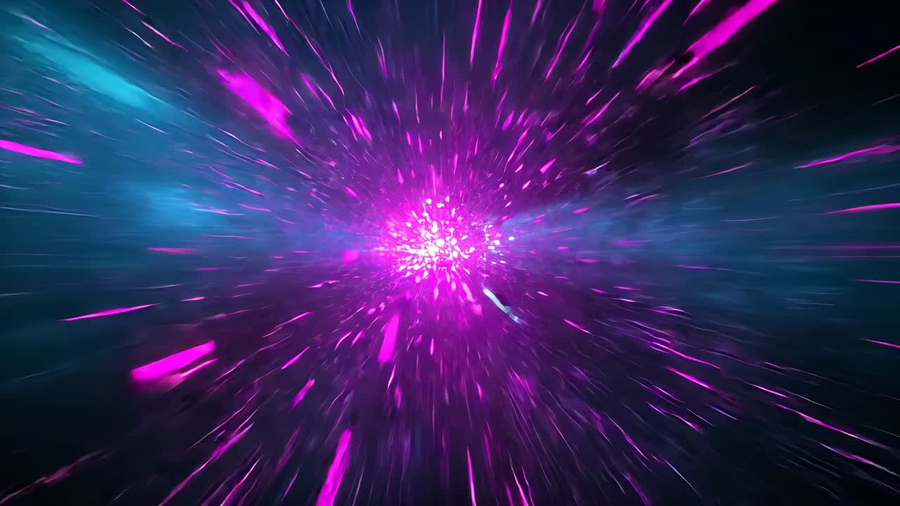 Flickering magenta core initiating purple and cyan streaks in digital void, suggesting acceleration