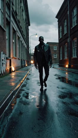 stylish man walking down a rainy city street at night