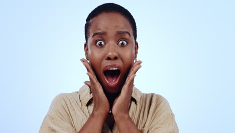 excited, black woman and winner face from surprise