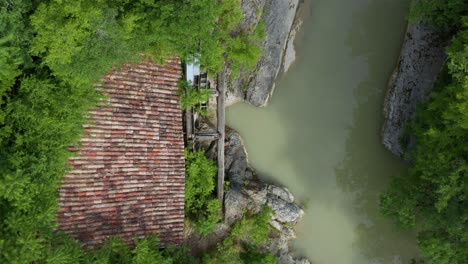 drone top view of the watermill of kotli and the rocky river of mirna in croatia