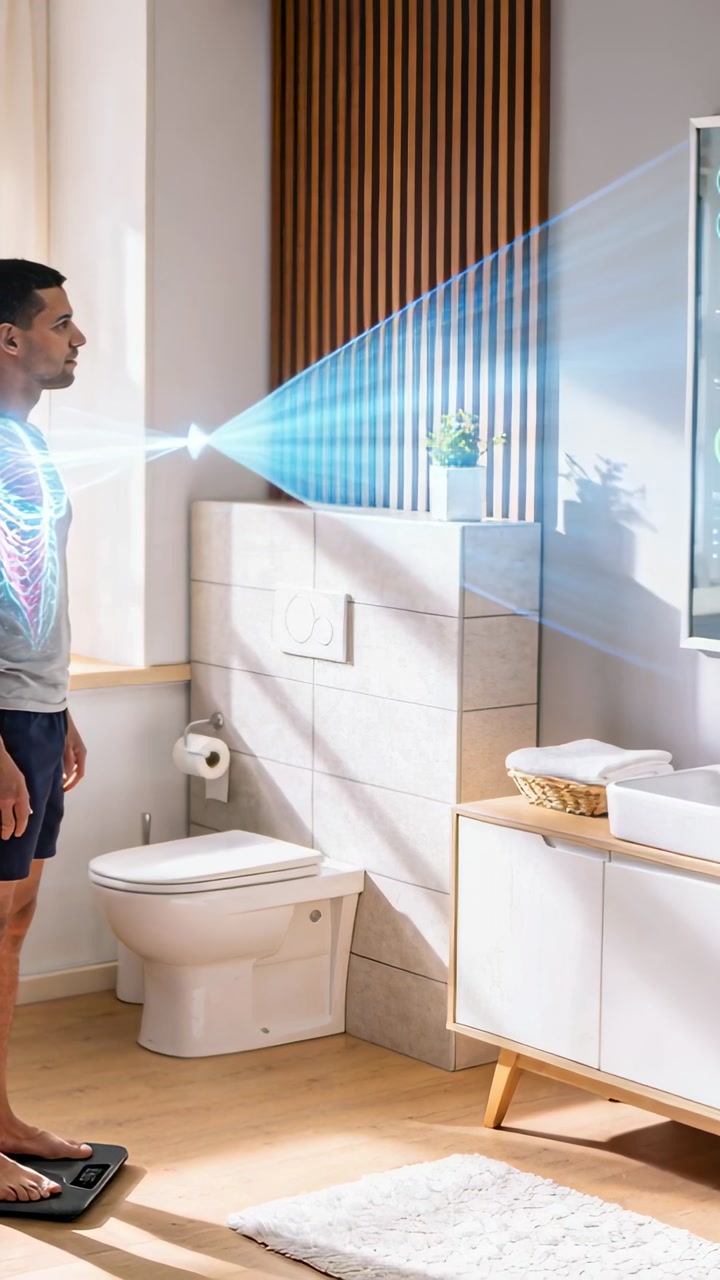 Vertical video: Standing man having scan on home scale, chest beam aiming smart mirror, copy space