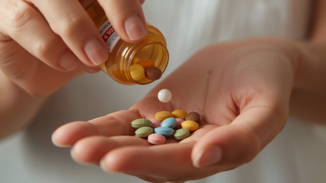 Tipping rx bottle, woman's hands collecting tablets in cupped palm at home, wearing white top