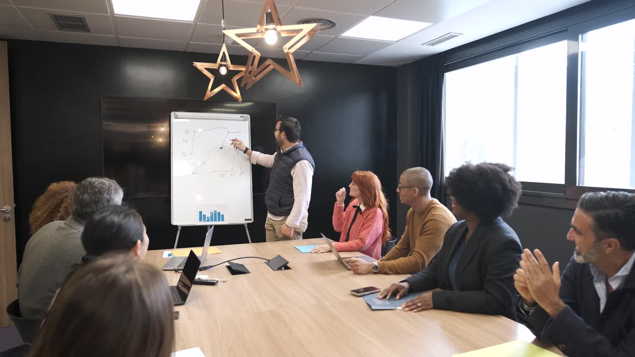 Businessman explaining strategy on whiteboard to diverse colleagues in office