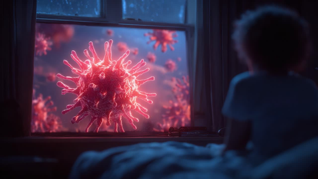 Un bambino guarda attraverso una finestra un coronavirus ingrandito, l'alba di una nuova realtà: un'affascinante visualizzazione della microbiologia e della curiosità infantile