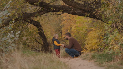 family entertainment at autumn weekend father and son are walking in forest communicating and enjoying nature man with little child