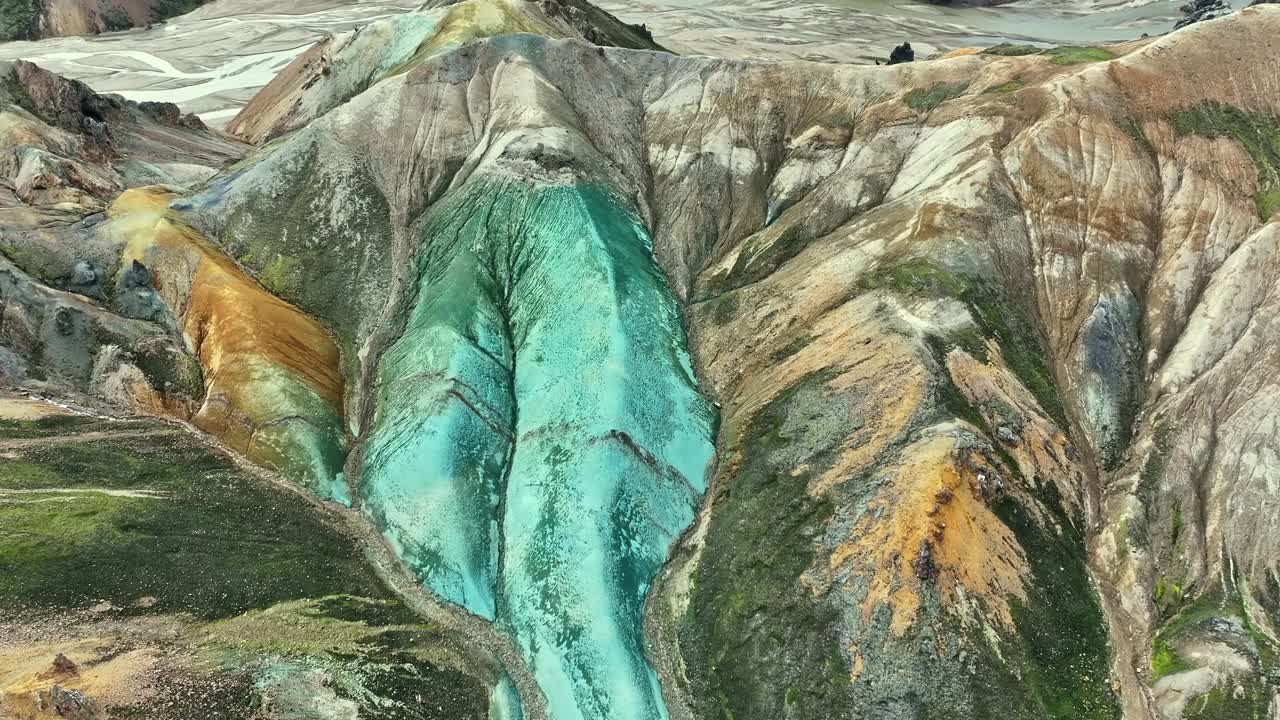 아이슬란드의 랜드마날라우가르 (landmannalaugar) 에 있는 녹색 바위인 그리니그리구르 (grínihryggur) 와 빙하 강의 모습을 보여주는 공중 드론.