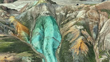 aerial drone medium altitude backward reveal view of grænihryggur, the green rock, and the glacial river in landmannalaugar, iceland