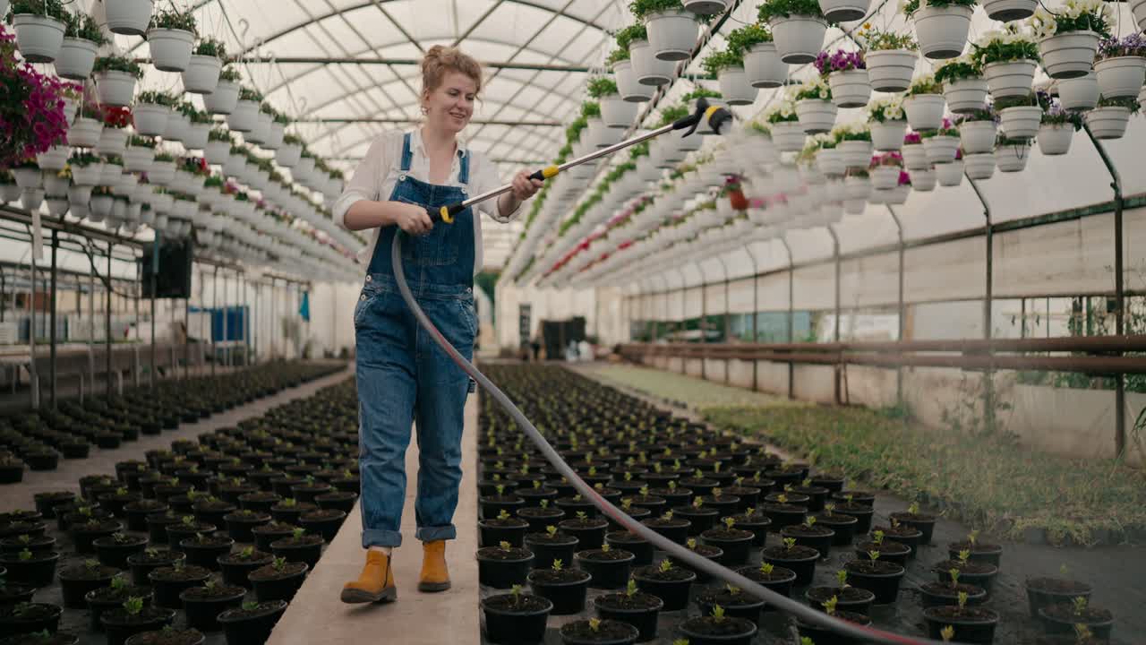 feliz granjera en mono de vaqueros camina a lo largo de filas con brotes de plantas jóvenes y las rega usando un riego moderno
