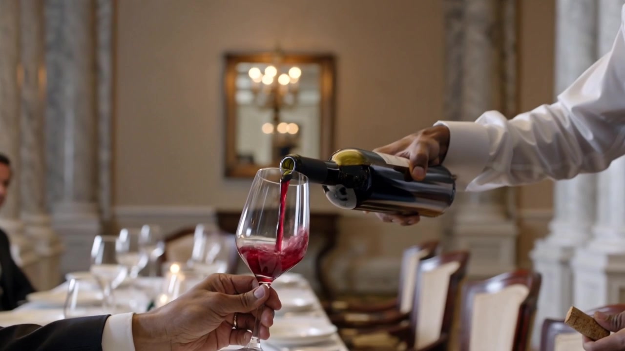 Un cameriere in gilet stappa una bottiglia e versa vino rosso in un calice per i commensali al tavolo, con spazio per il testo.