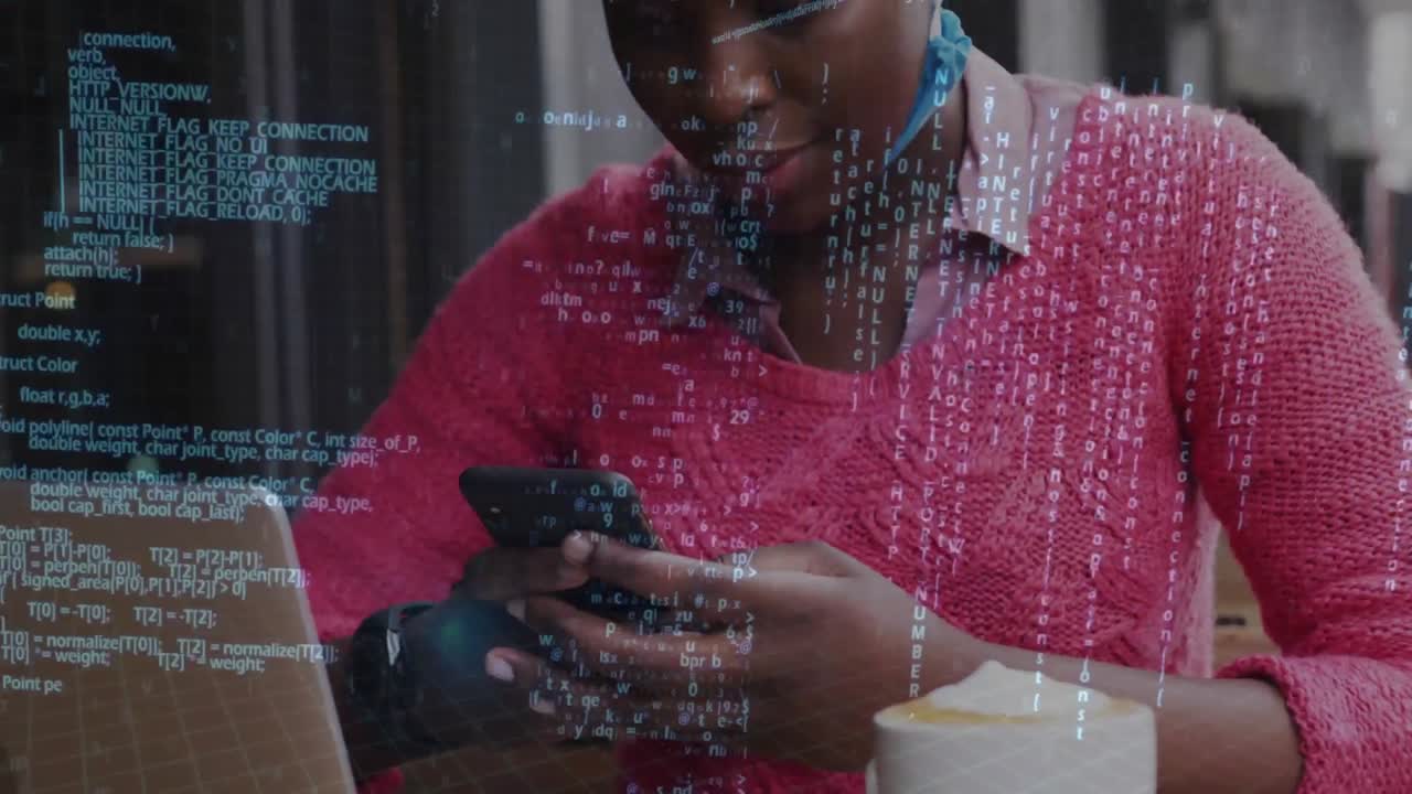 Animation of data processing over smiling african american woman using smartphone outside cafe