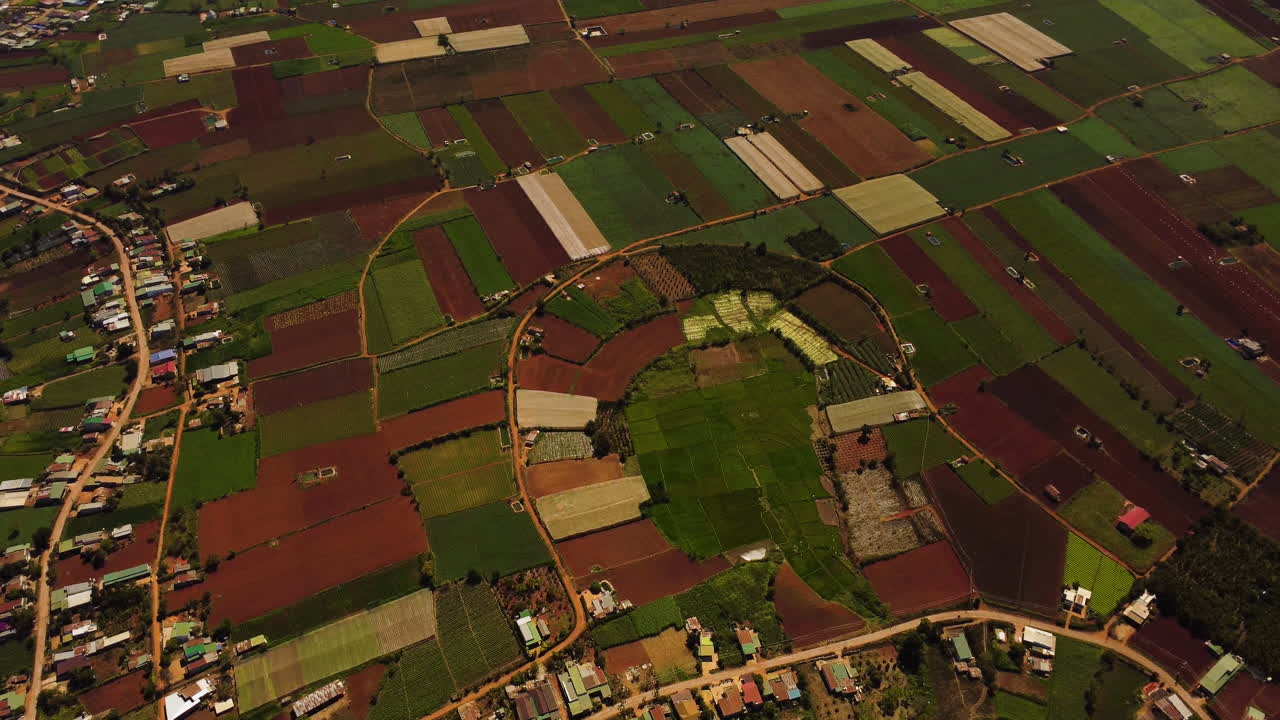 Geometric pattern of patchwork farmland in Lam Dong province, Vietnam, aerial