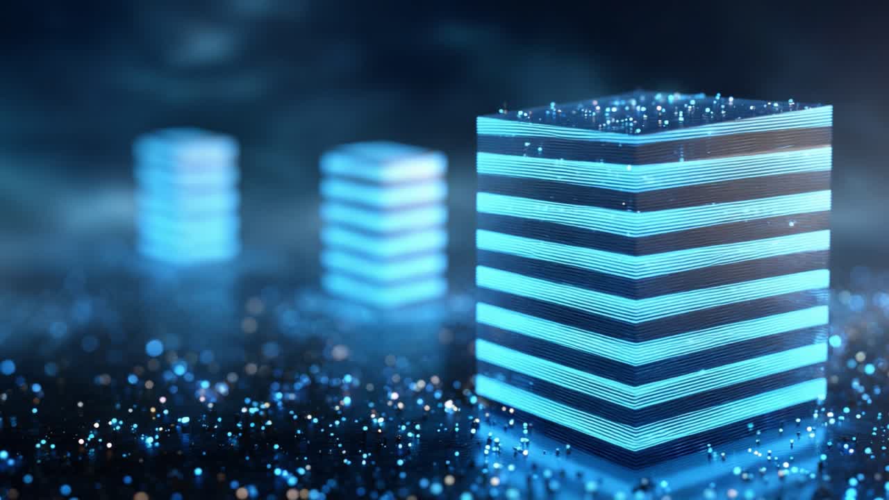 Exploration of Futuristic Digital Structures Glowing with Blue Light Amidst a Mystical Background Filled with Floating Particles and Cosmic Elements