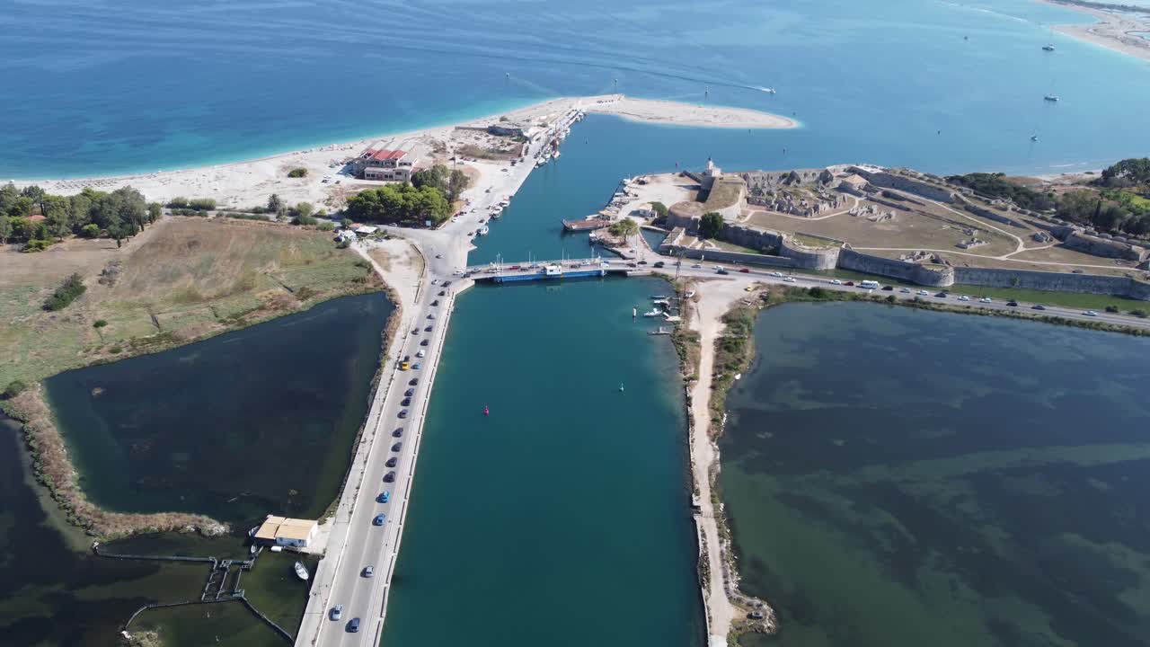 Aerial View Of Floating Bridge Over Ionian Sea, Greece. Video