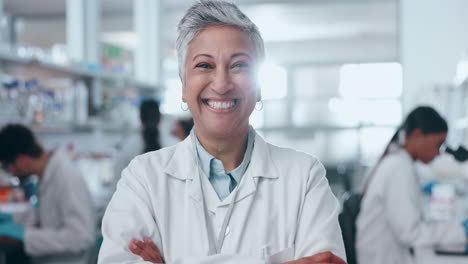 science, arms crossed and senior with woman