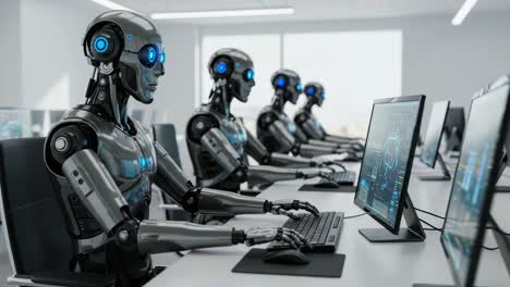 futuristic workstation with advanced robots: a scene showcasing multiple humanoid robots engaged in computer operations, signifying the rise of artificial intelligence in modern workspaces