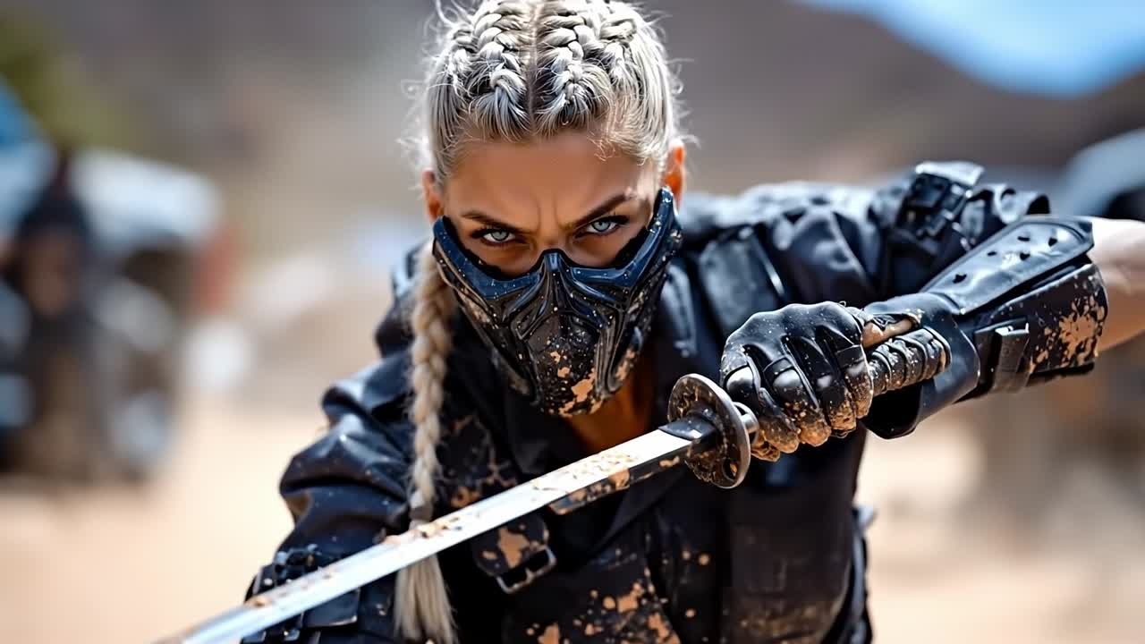 A woman in a mask holding a sword in her hand