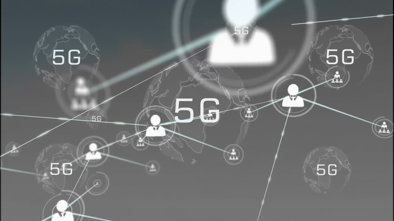 흑색 배경 위에 5g 텍스트를 가진 연결된 사람들의 아이콘의 애니메이션
